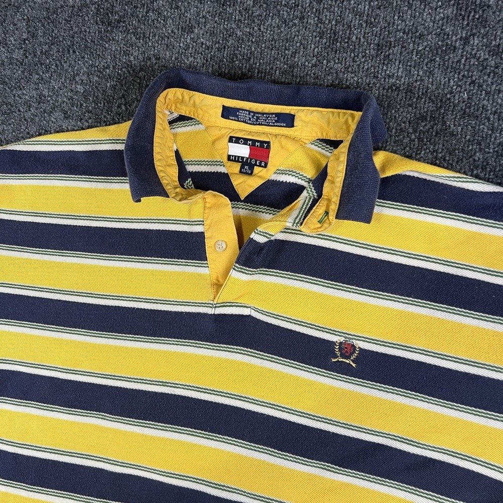 Vintage Tommy Hilfiger‎ Rugby Polo Shirt XL Yellow Navy Striped Crest Logo 90s